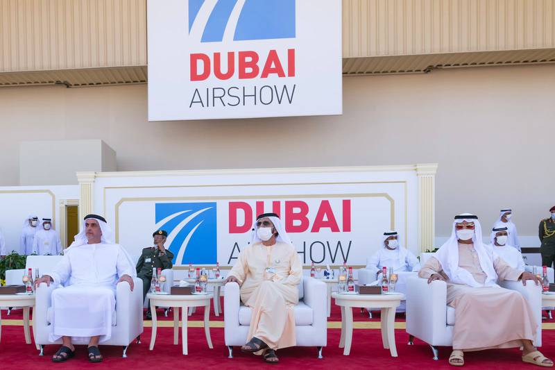 Sheikh Mohammed bin Rashid, Vice President and Ruler of Dubai, and Sheikh Saif bin Zayed, Deputy Prime Minister and Minister of Interior, watch a display on the second day of the Dubai Airshow. Photo: Dubai Media Office