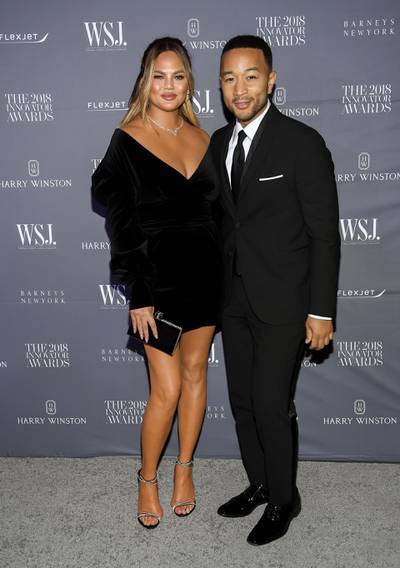 John Legend, right, and Chrissy Teigen attend the WSJ Magazine Innovator Awards on Nov. 7, 2018, in New York. It's baby No. 3 for John Legend and Chrissy Teigen. The couple revealed they are expecting in Legend's new video for the song "Wild," which premiered Thursday and features Teigen and Legend holding her baby bump at the end of the clip. (Photo by Evan Agostini/Invision/AP, File)