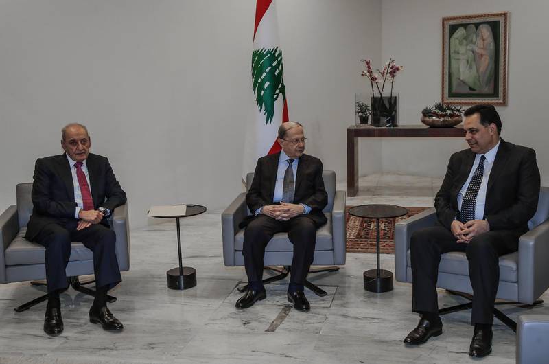 Lebanese President Michel Aoun, Lebanese Parliament Speaker Nabih Berri and the newly assigned Lebanese Prime Minister Hassan Diab, during their meeting at the presidential palace in Baabda. EPA