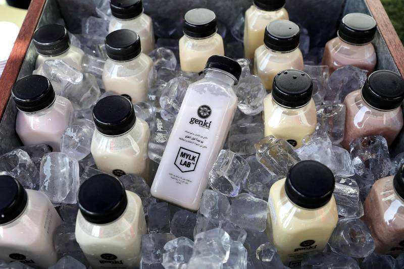 DUBAI , UNITED ARAB EMIRATES , January 18 ��� 2019 :- Genki organic milk on display at the Farmers Market held at the Bay Avenue in Business Bay in Dubai. (Pawan Singh / The National ) For News/Online/Instagram. Story by Patrick