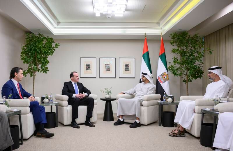 President Sheikh Mohamed meets Brett McGurk, deputy assistant to the US President, second left, during Adipec in Abu Dhabi. Also present were Sheikh Khaled bin Mohamed, Member of Abu Dhabi Executive Council and Chairman of Abu Dhabi Executive Office, right, and Amos Hochstein, US special presidential co-ordinator, left.
