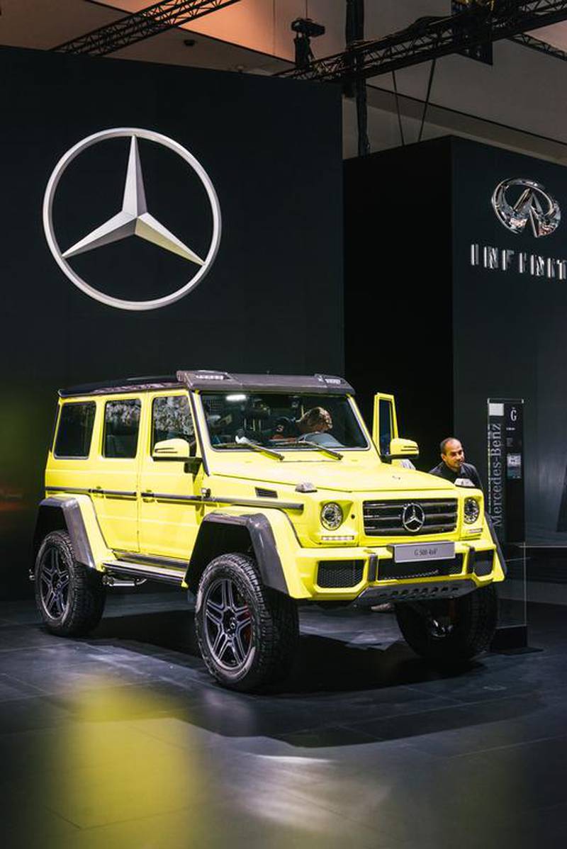 A bright yellow Mercedes-Benz G500 4×4², which is not the most expensive in the G-Class but it is the biggest. Alex Atack for The National