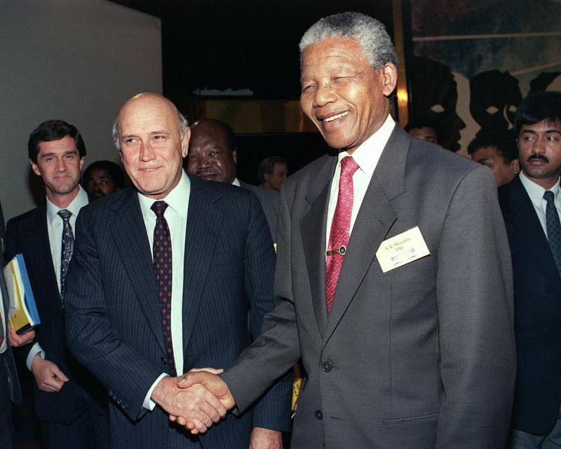 May 15, 1992: Mandela shakes hands with South Africa’s President FW de Klerk in Johannesburg, after the first day of the Convention for a Democratic South Africa (CODESA).