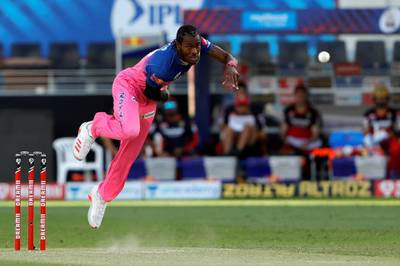 Jofra Archer of Rajasthan Royals bowling during match 33 of season 13 of the Dream 11 Indian Premier League (IPL) between the Rajasthan Royals and the Royal Challengers Bangalore held at the Dubai International Cricket Stadium, Dubai in the United Arab Emirates on the 17th October 2020.  Photo by: Saikat Das  / Sportzpics for BCCI