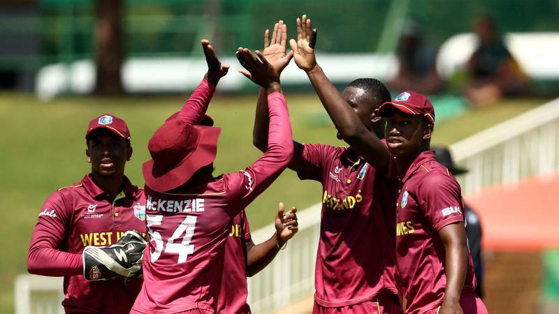 Jayden Seales of West Indies celebrates taking the wicket of Bryce Parsons of South Africa during the ICC U19 Cricket World Super League Play-Off Semi-Final match between West Indies and South Africa at JB Marks Oval on February 01, 2020 in Potchefstroom. courtesy: ICC