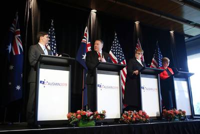 Mike Pompeo, U.S. secretary of state, second left, speaks as Mark Esper, U.S. Secretary of Defense, left, Marise Payne, Australia's foreign minister, second right, and Linda Reynolds, Australia's defense minister, listen during a news conference in Sydney, Australia, on Sunday, Aug. 4, 2019. Secretary of Defense Mark Esper said the U.S. is firmly against China's "destabilizing" behavior in the Indo-Pacific, and won't stand by while one country reshapes the region, continuing a war of words between the superpowers. Photographer: Brendon Thorne/Bloomberg