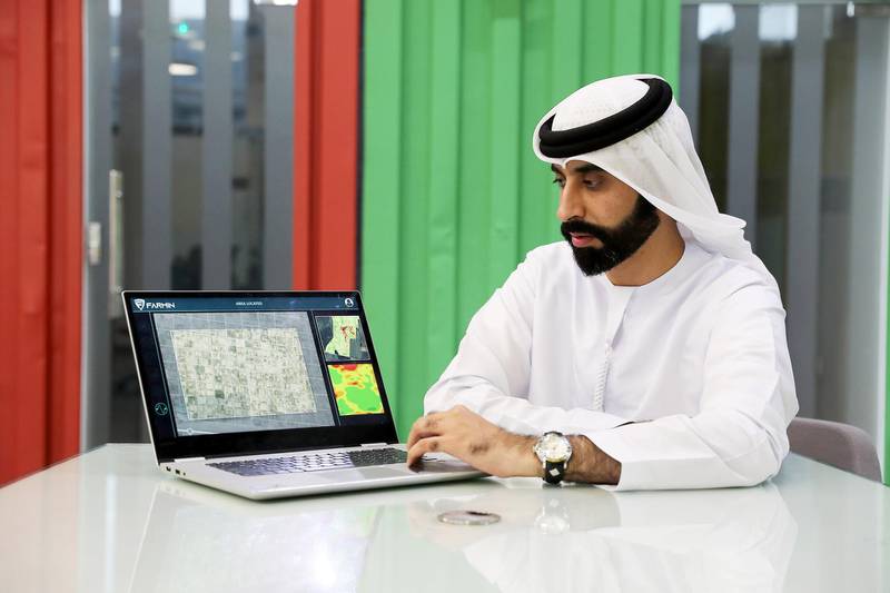 ABU DHABI,  UNITED ARAB EMIRATES , SEPTEMBER 30 – 2019 :- Dr. Ali Al Hammadi showing his project Farmin at the Krypto Labs in Masdar City in Abu Dhabi. ( Pawan Singh / The National ) For Business. Story by Kelsey Warne
