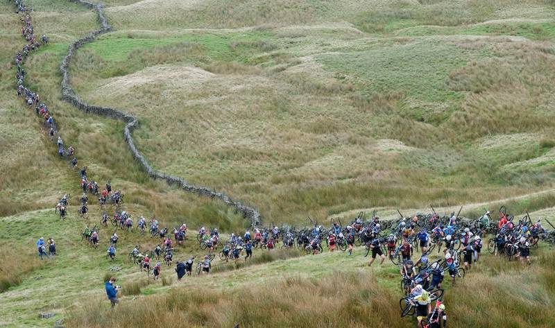 Competitors tackle the climb up Simons Fell as they ascend to the summit of Ingleborough during the 57th Annual Yorkshire 3 Peaks Cyclocross Challenge on September 15, 2019 in Settle, England.  Getty