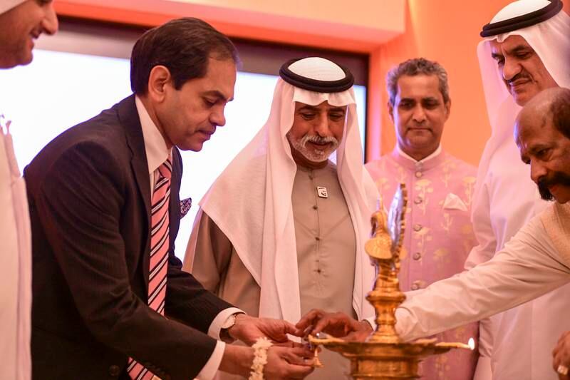 Sunjay Sudhir, India’s ambassador to the UAE, Sheikh Nahyan and Mr Shroff at the official opening.