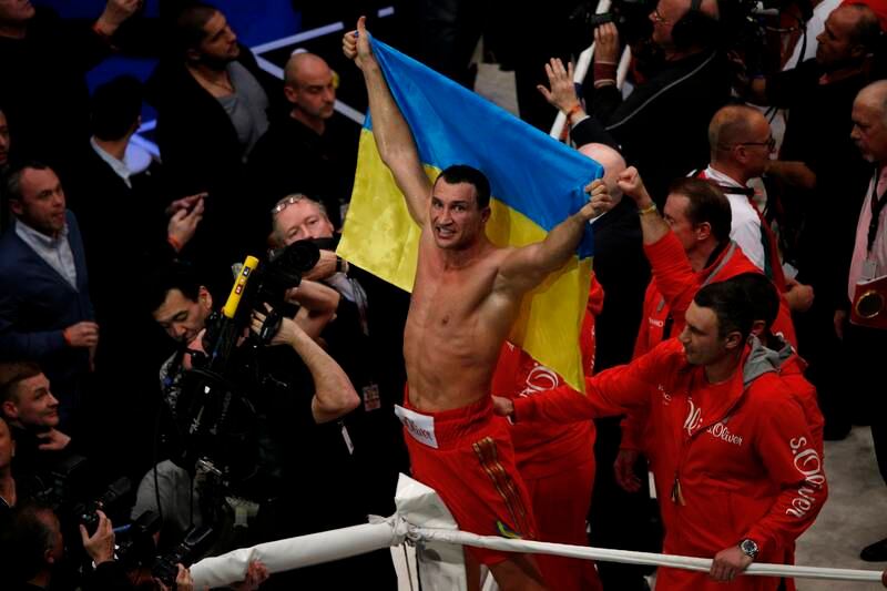 Wladimir Klitschko of Ukraine celebrates after winning the IBF, WBA, WBO and IBO World Championship fight in 2014. Getty