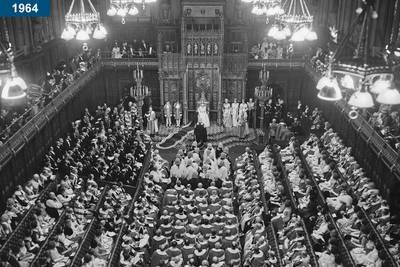 1964:  The queen during the State Opening of Parliament ceremony in the chamber of the House of Lords, at the Palace of Westminster in London.