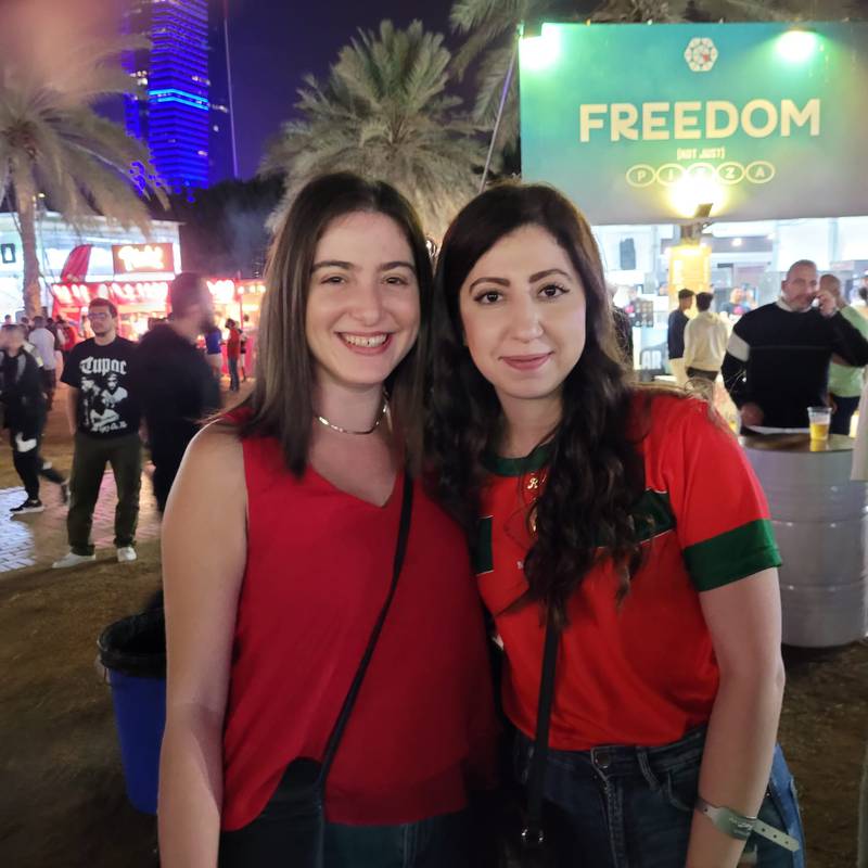 Ranim Hamed, is Palestinian, and Naamah Tawil, is Lebanese but on Wednesday night they were both supporting Morocco. Patrick Ryan / The National