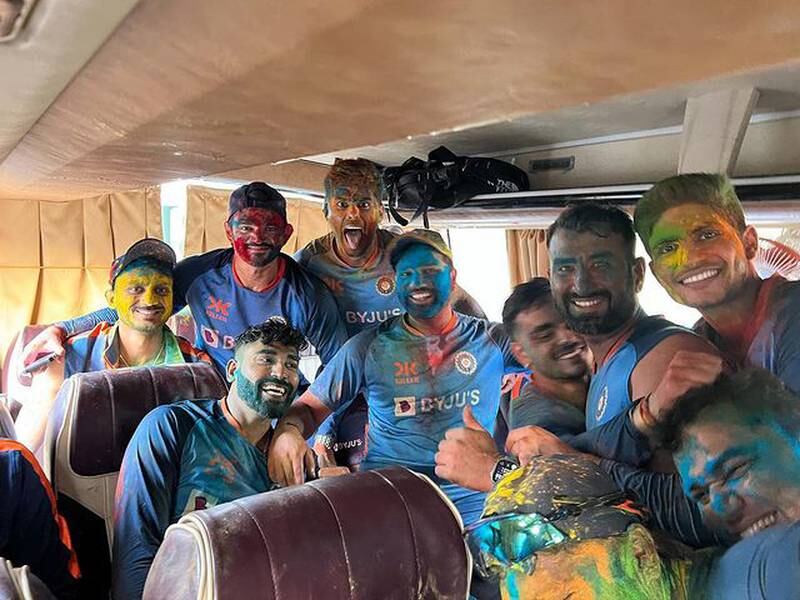 Indian players celebrate Holi in the team bus. Photo: @rohitsharma45 / Instagram