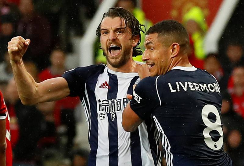 Soccer Football - Premier League - Manchester United vs West Bromwich Albion - Old Trafford, Manchester, Britain - April 15, 2018   West Bromwich Albion's Jay Rodriguez celebrates scoring their first goal with Jake Livermore   Action Images via Reuters/Jason Cairnduff    EDITORIAL USE ONLY. No use with unauthorized audio, video, data, fixture lists, club/league logos or "live" services. Online in-match use limited to 75 images, no video emulation. No use in betting, games or single club/league/player publications.  Please contact your account representative for further details.
