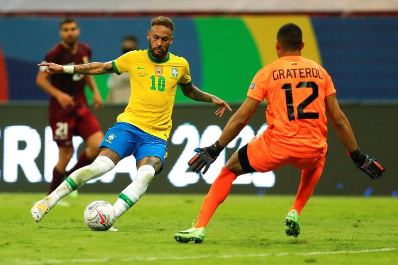 Brazil's Neymar Jr in action against Venezuela's goalkeeper Joel Graterol. EPA