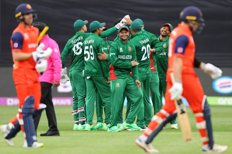 Bangladesh captain Shakib Al Hasan celebrates the wicket of Netherlands' Logan van Beek. AFP