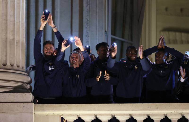 France's Olivier Giroud, Antoine Griezmann, Aurelien Tchouameni, Ibrahima Konate and Eduardo Camavinga greet fans. Reuters
