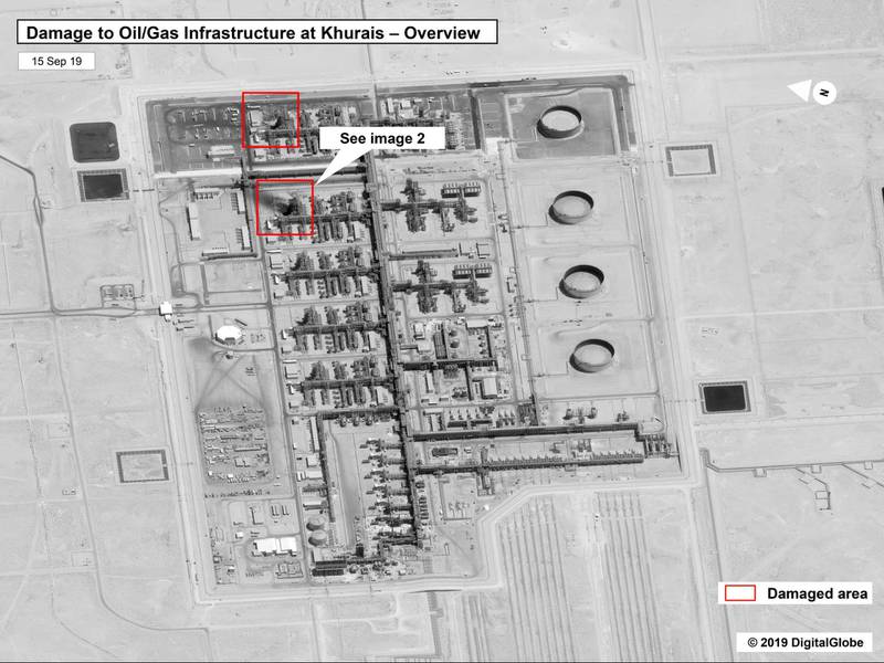 This image provided by the U.S. government and DigitalGlobe and annotated by the source, shows damage to the infrastructure at Saudi Aramco's Khurais oil field in Buqyaq, Saudi Arabia. The drone attack Saturday on Saudi Arabia's Abqaiq plant and its Khurais oil field led to the interruption of an estimated 5.7 million barrels of the kingdom's crude oil production per day, equivalent to more than 5% of the world's daily supply. AP