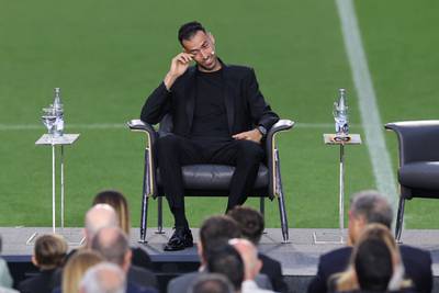 Spanish midfielder Sergio Busquets cries during his farewell ceremony at Camp Nou. AFP