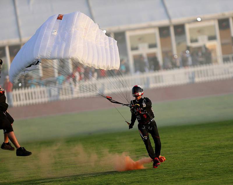 Skydiver Ernesto Gainza completes a World Record jump, at Skydive Dubai, using the world's smallest parachute. Satish Kumar / The National