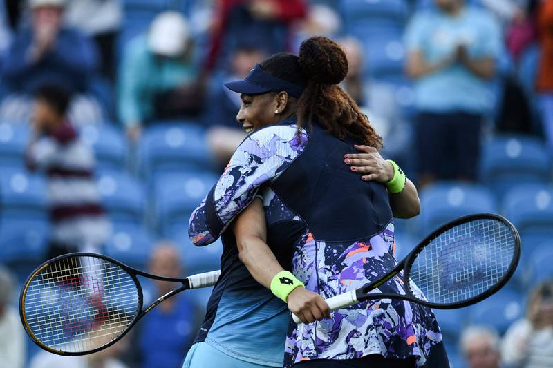 Serena Williams and Ons Jabeur celebrate their win over Shuko Aoyama and Chan Hao-ching in Eastbourne. AFP