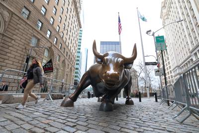 The Charging Bull on Wall Street. The S&P 500 entered bull market territory on Thursday after closing at 4,293.93. AFP