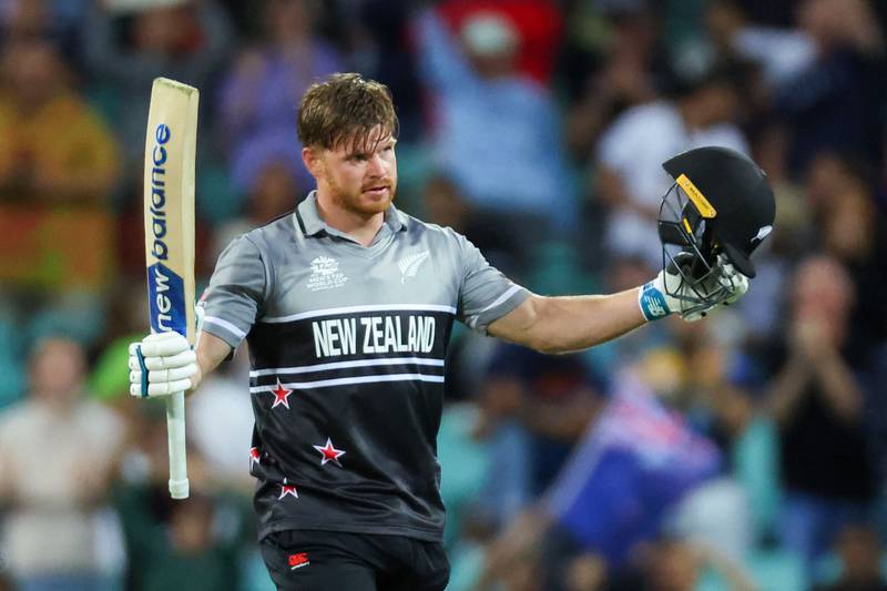 New Zealand's Glenn Phillips celebrates after reaching his century against Sri Lanka in Sydney. AFP