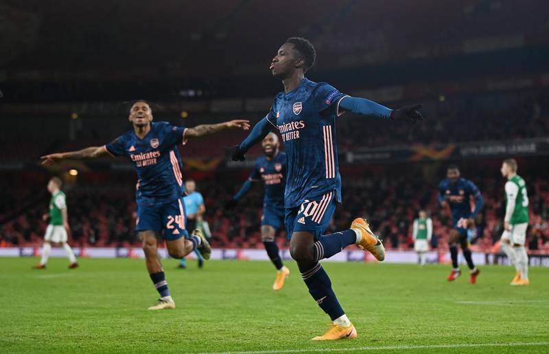 Arsenal's Eddie Nketiah celebrates scoring their third goal. Reuters