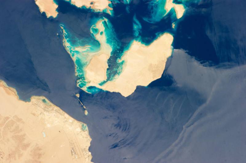 The Strait of Tiran, which separates the Gulf of Aqaba from the Red Sea, captured from space in 2013
