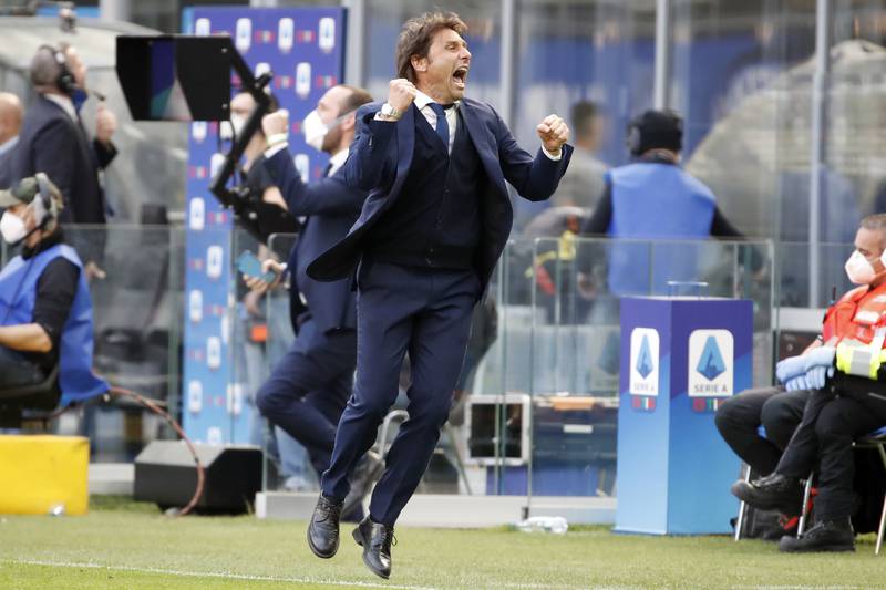 Inter Milan manager Antonio Conte celebrates his side's win over Verona in April, 2021. AP