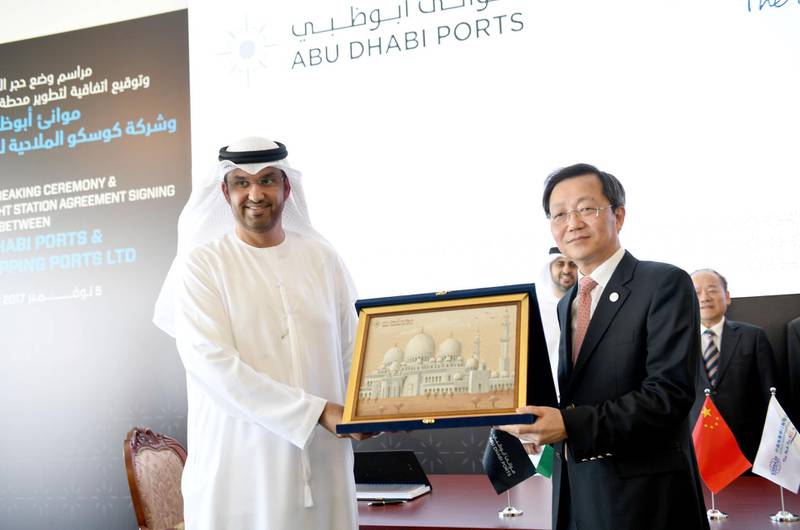 Dr Sultan Al Jaber, the UAE Minister of State and Chairman of Abu Dhabi Ports, attends the laying of the foundation stone for Cosco Abu Dhabi Container Terminal at Khalifa Port. Cosco, which signed a 35-year concession agreement with Abu Dhabi Ports in 2016, broke ground on the terminal last month. WAM