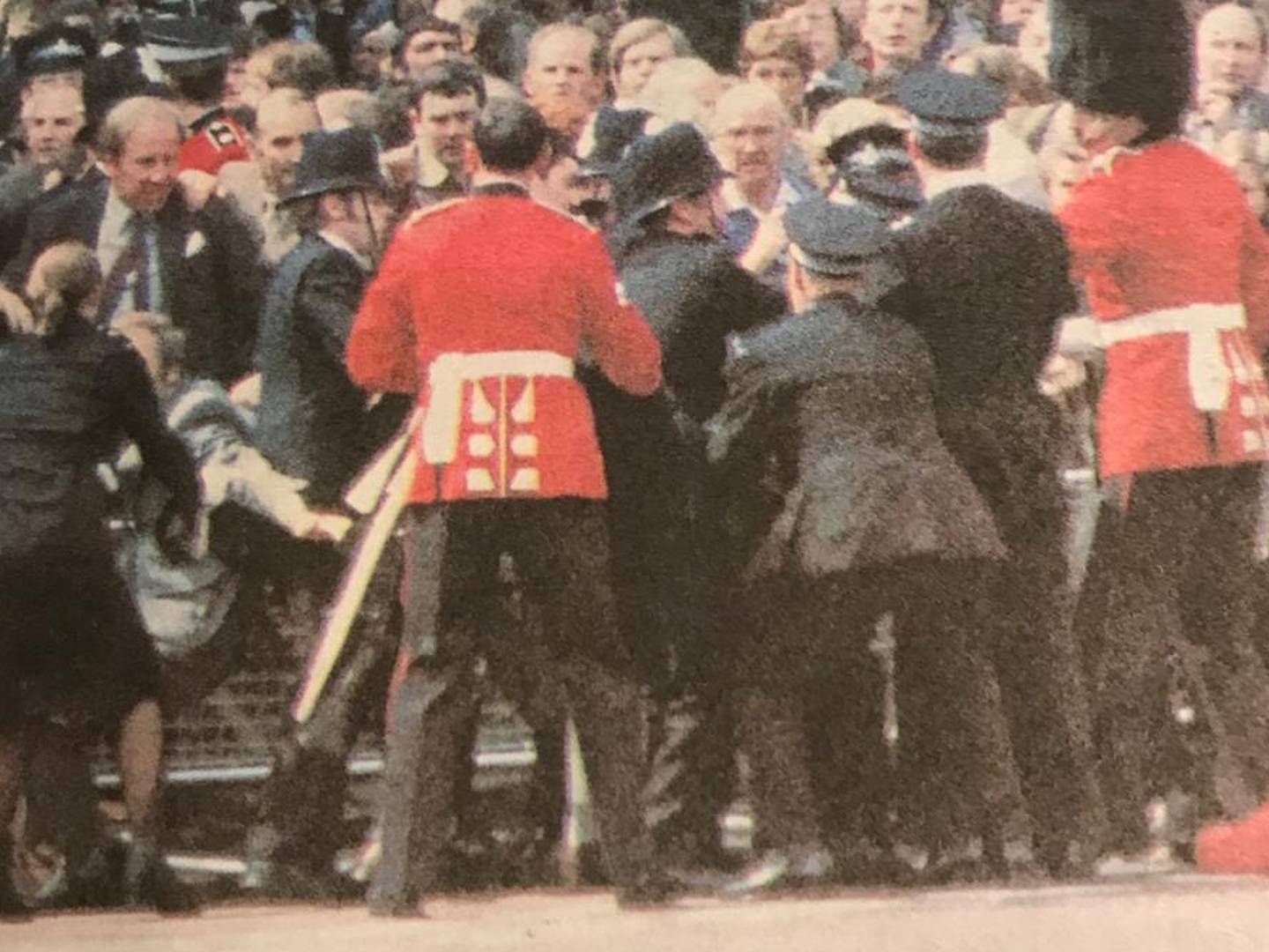 A newspaper clipping of Alec Galloway in the melee after launching himself at the shooter. 'He is very lucky,' he says. 'It would have been a different story if I had got him with my bayonet. He was assassinating the queen as far as I was concerned' Photo: Alec Galloway