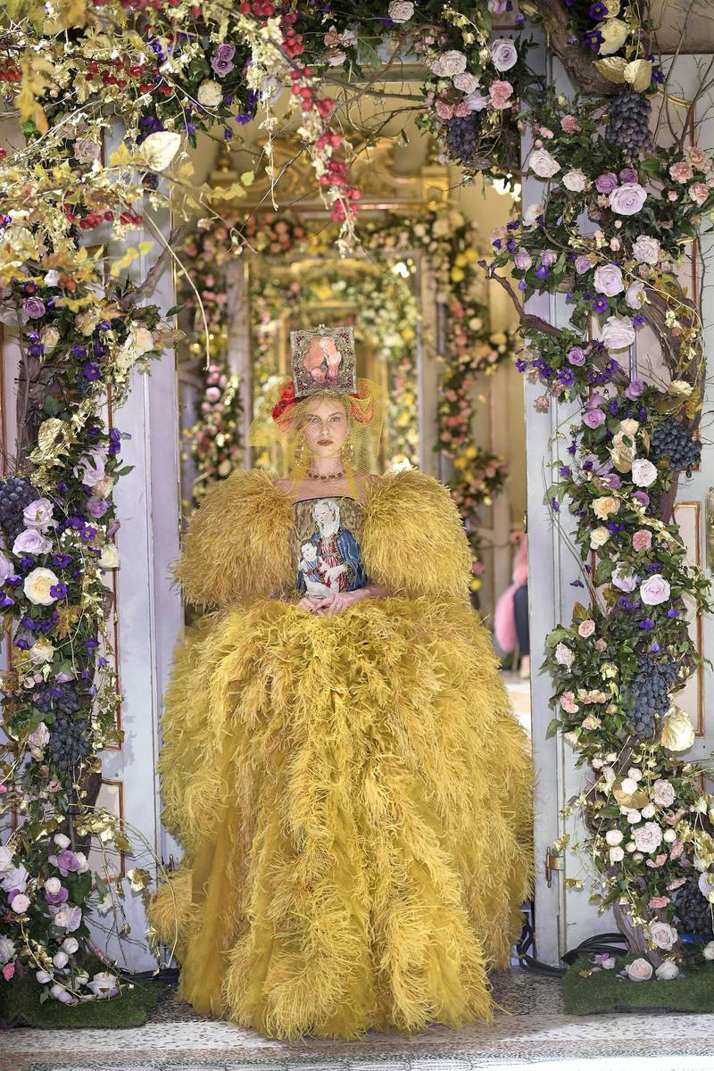 Among the more dramatic looks was this yellow feathered gown. Courtesy Dolce & Gabbana