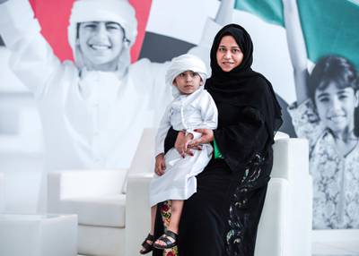 Abu Dhabi, United Arab Emirates, October 5, 2019.  FNC Elections at ADNEC. --Zayed Khalifa and his mother,Amna Al Yammahi.   FOR Haneen's interview.Victor Besa / The NationalSection:  NAReporter:  Haneen Dajani
