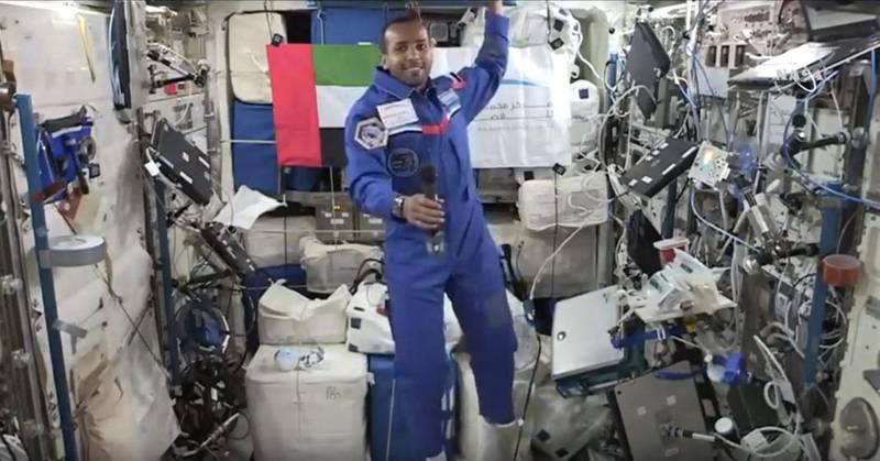 Hazza Al Mansouri takes a live Q&A from space. He spent eight days on the International Space Station, in a mission from September 25 to October 3, 2019. Screengrab via Youtube Live