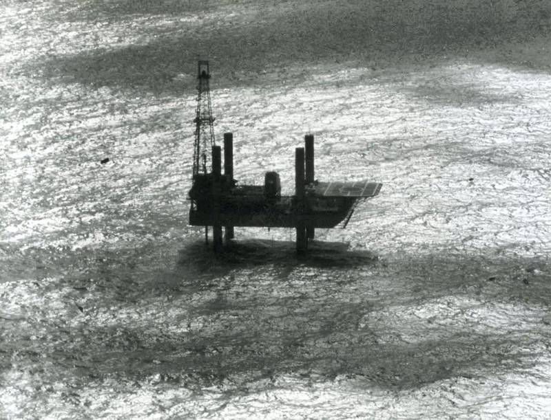 The Adma Enterprise rig off Abu Dhabi's Das Island in 1958. Oil was discovered that year.  BP Archive