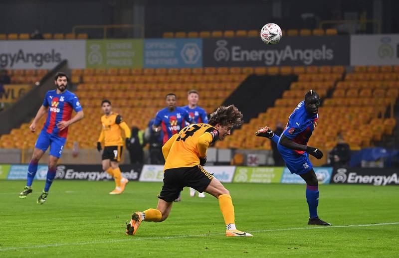 Wolves striker Fabio Silva heads over during their FA Cup third-round win over Crystal Palace on January 8. Getty