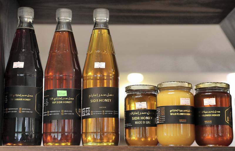 DUBAI, UNITED ARAB EMIRATES , November 7 – 2020 :- Different types of honey on display for sale at the Hatta honey bee garden at the Hatta in Dubai. The ticket price of honey bee garden tour is 50 AED per person.  (Pawan Singh / The National) For News/Online/Instagram/Big Picture. Story by Nick Webster 