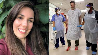 Left: Dr Nisreen Alwan, is one of thousands of Britons to be have been enervated by long Covid. right: Kings College Hospital staff help another sufferer to walk again during his rehabilitative process AFP