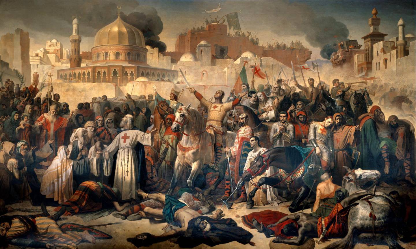 First Crusade: Taking of Jerusalem by the Crusaders, 15 July 1099. Godfrey of Bouillon ( or Godefroi - Godefroy de Bouillon) giving thanks to God in the presence of Peter the Hermit after the capture of the city. Painting by Emile Signol (1804-1892), 1847. 3,24 x 5,57 m. Castle Museum, Versailles, France (Photo by Leemage/Corbis via Getty Images)