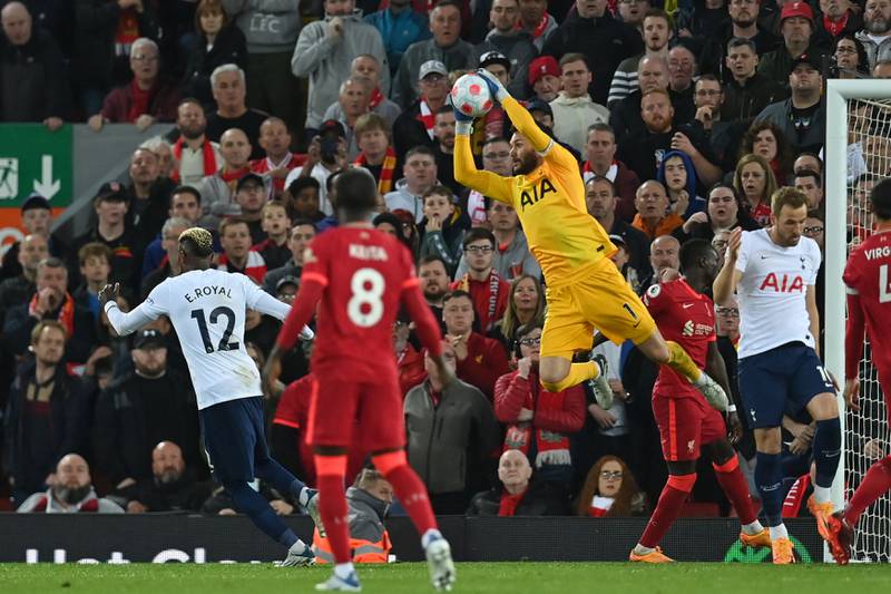 Tottenham goalkeeper Hugo Lloris catches the ball during the Premier League match against Liverpool. AFP