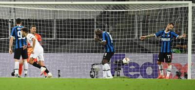 Romelu Lukaku (C) of Inter reacts after his own goal. EPA