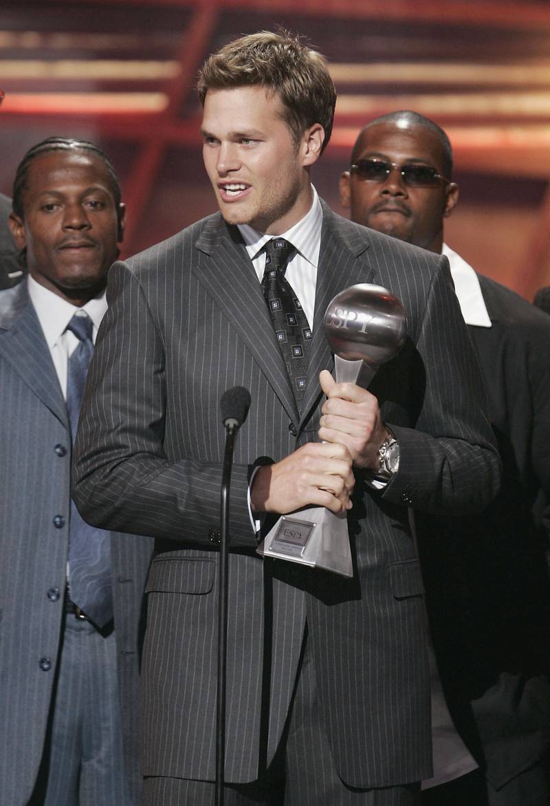 Brady and the New England Patriots accept the Espy award for Best Game at the Kodak Theatre on July 14, 2004, in Hollywood, California. Getty