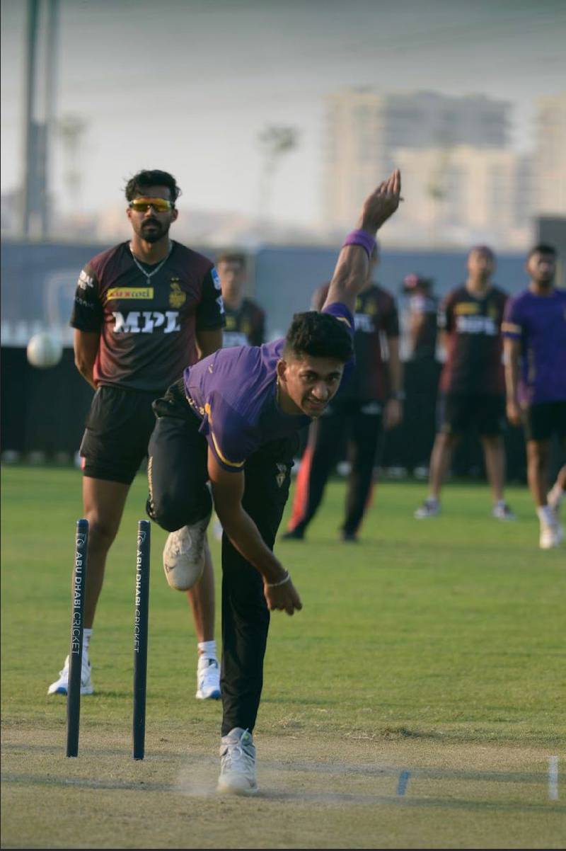 Sailles Jaishankar bowls during a net session with Kolkata Knight Riders in Abu Dhabi.