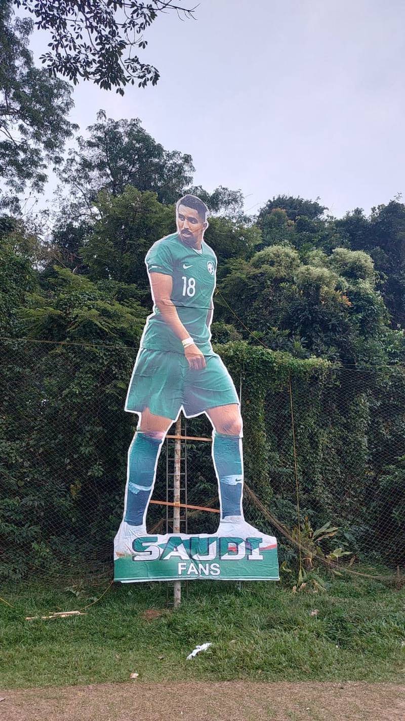 Salem Al Dawsari has joined a giant cutout collection at a Keral village, joining superstars Lionel Messi, Cristiano Ronaldo and Neymar. Photo: Pullavoor football fans