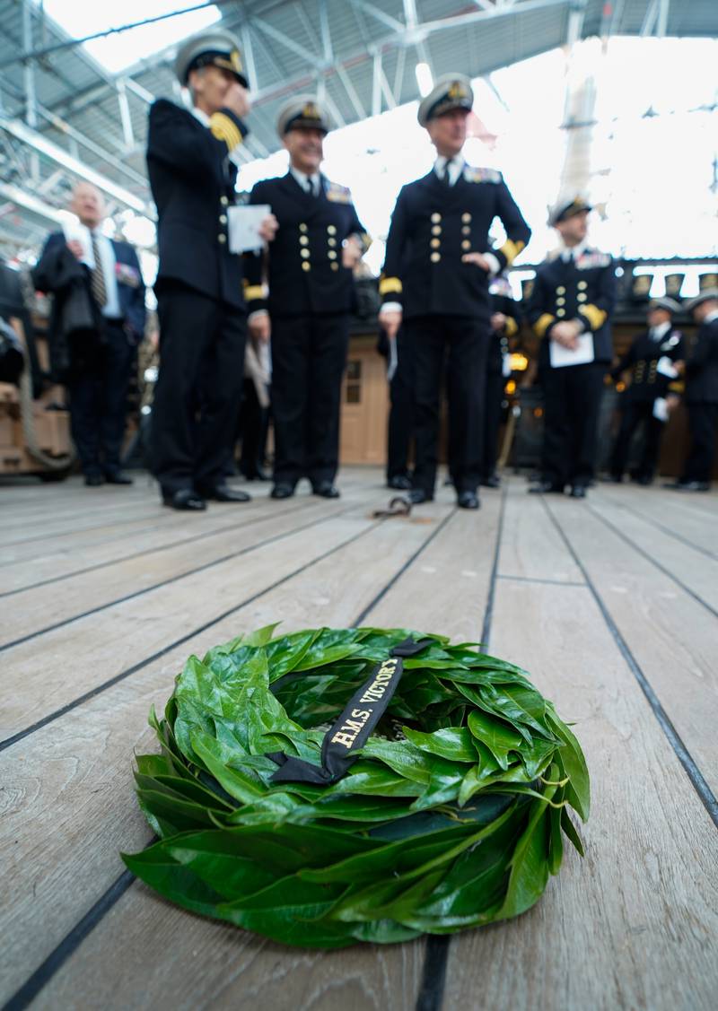 On Friday morning, a wreath was laid at the spot where Vice-Admiral Horatio Nelson was shot during the Battle of Trafalgar, as Royal Navy personnel and guests took part in a ceremony on board 'HMS Victory' in Portsmouth to mark the 217th anniversary of the battle. PA