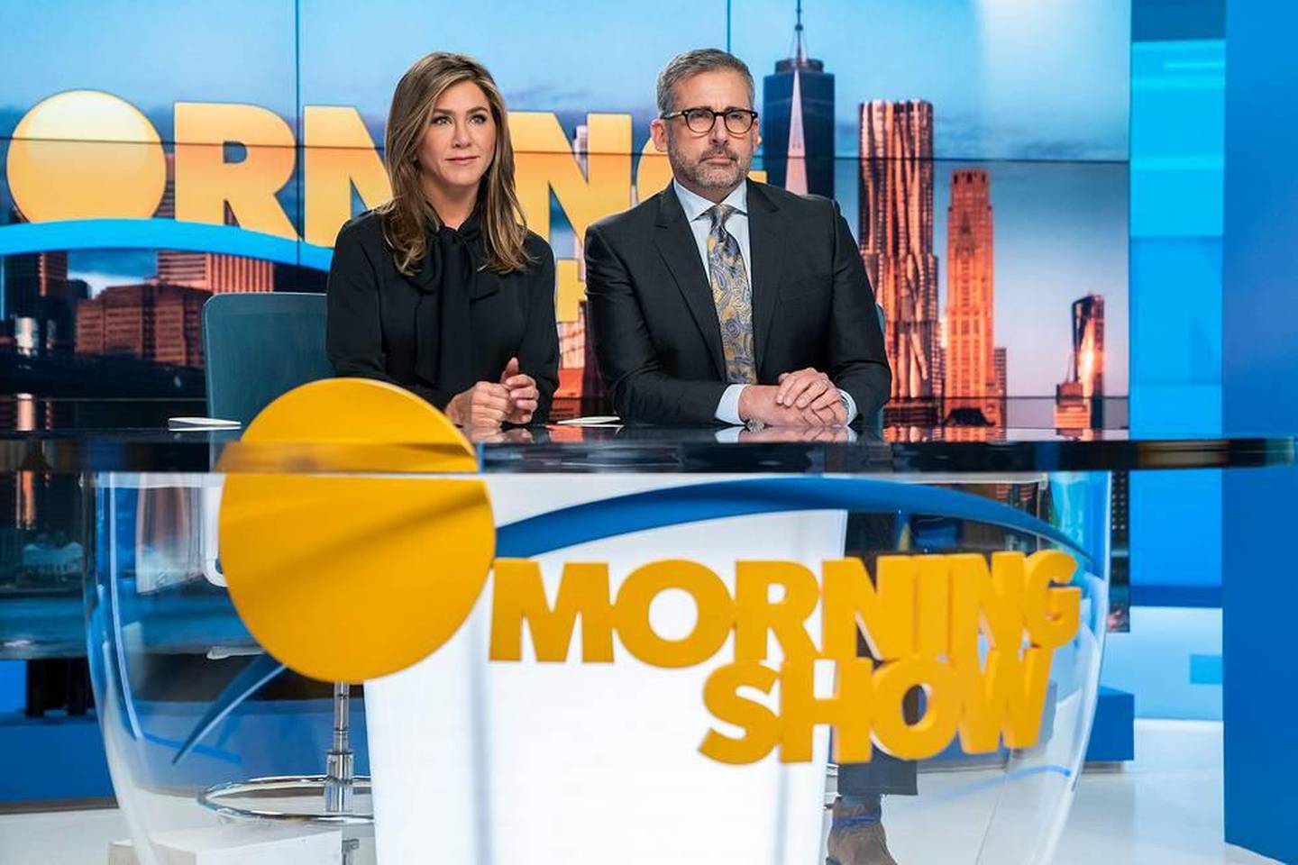 Steve Carrel and Jennifer Aniston in 'The Morning Show'. Courtesy Apple