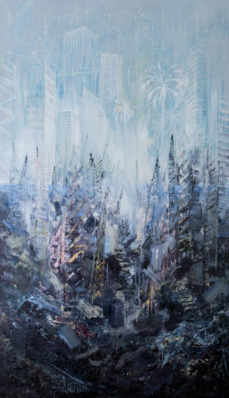 Tom Young's 'Rise and Fall' from 2014 shows the cranes of Beirut port with trash and debris below. The painting was torn by flying shattered glass during the explosion. Tom Young