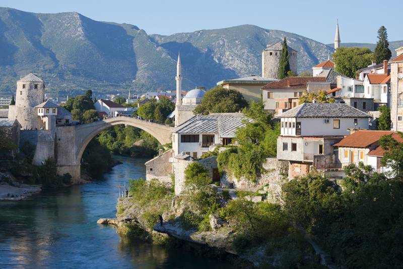 The Old Bridge over the Neretva River in Mostar, Bosnia and Herzegovina. The 16th-century bridge, destroyed during the war in 1993, was reconstructed in 2004. Getty Images