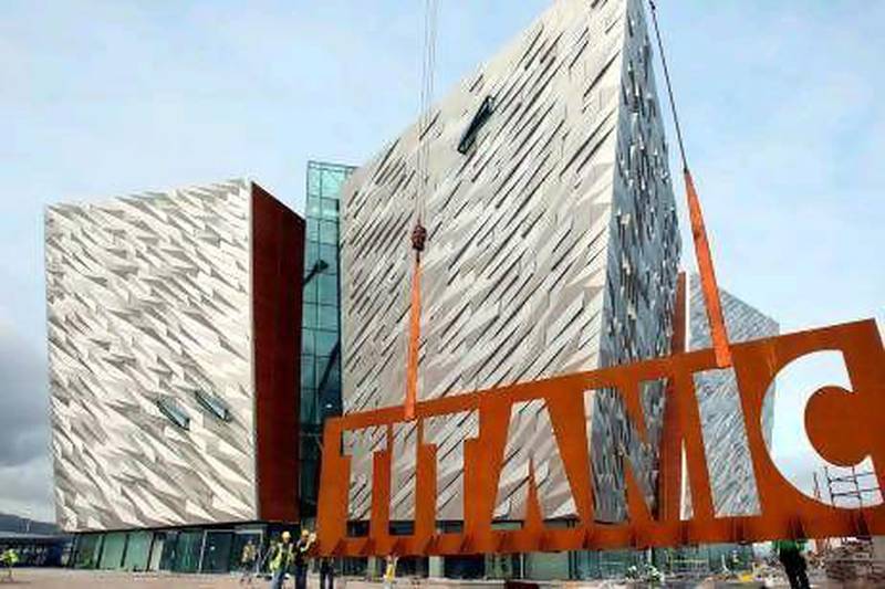 A 15-tonne steel sign is lowered into place in front of the Titanic building in Belfast. PA Wire/Press Association Images